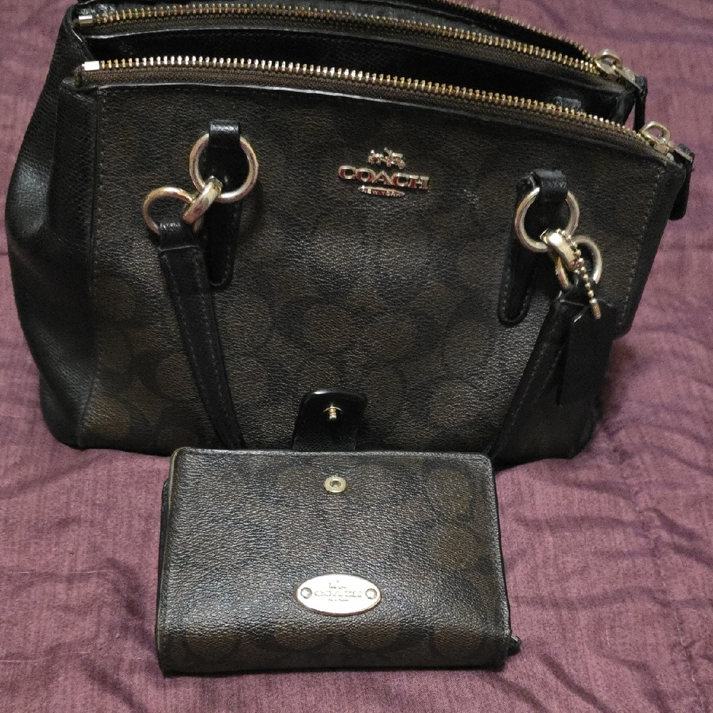 Coach Brown/Black Signature Canvas Tote with Matching Wallet